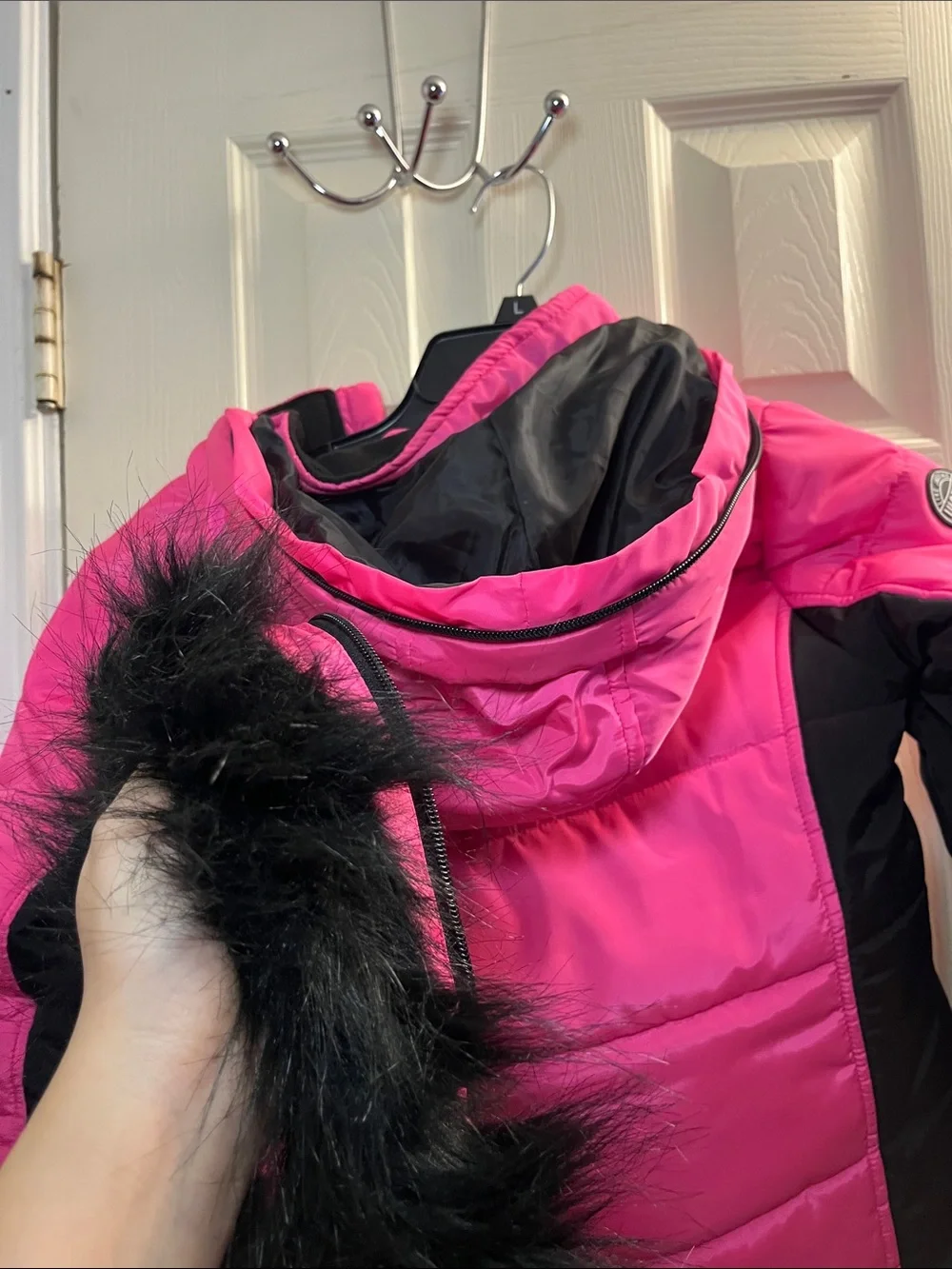 Justice Hot Pink and Black Girls' Puffer Jacket with Removable Faux Fur Trim
